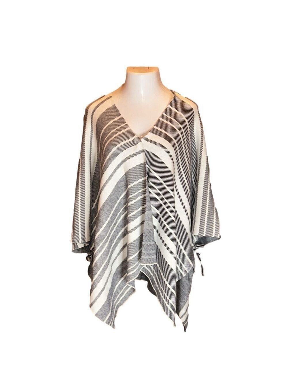 TALBOTS Women's Black/White Striped Open Front Poncho Sweater, One Size Fits All